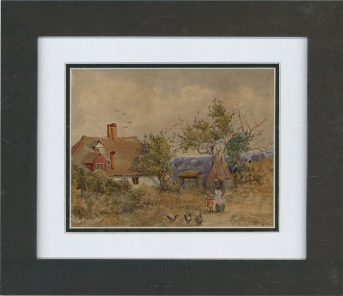 Mid 19th Century Watercolour - Mother And Daughter Feed The Chickens