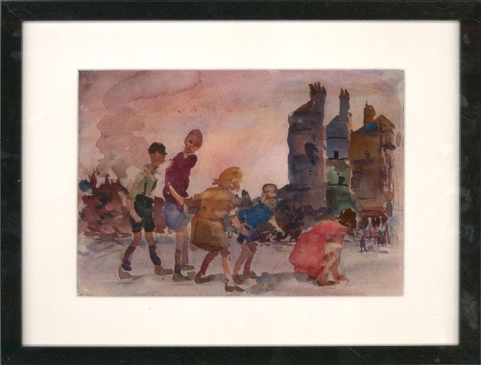 Ronald Olley (b.1923) - Framed 20th Century Watercolour, Playing in the Blitz