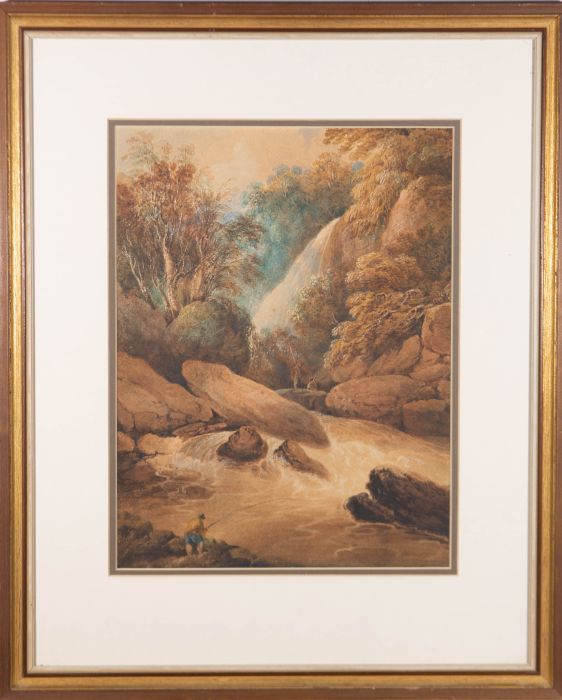 English School Mid 19th Century Watercolour - Fishing at the Waterfall