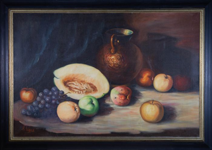 R. Lopez - Signed & Framed Mid 20th Century Oil, Still Life on Black