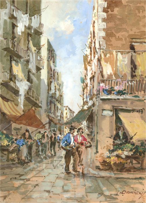 L. Daniel - Signed Mid 20th Century Gouache, Bustling Streets