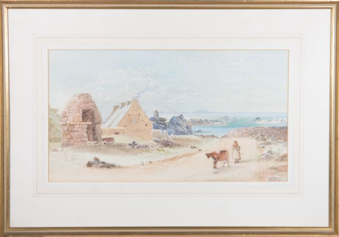 F O Nash - 1879 Watercolour, Girl And Her Cow