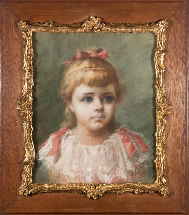 J. Allar - Framed 1892 Pastel, Portrait of a Young Girl