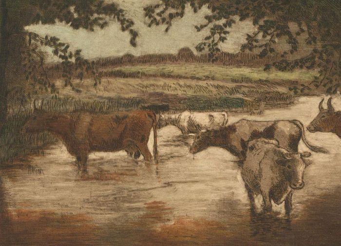 Elizabeth Armsden - Early 20th Century Etching, Landscape View with Livestock
