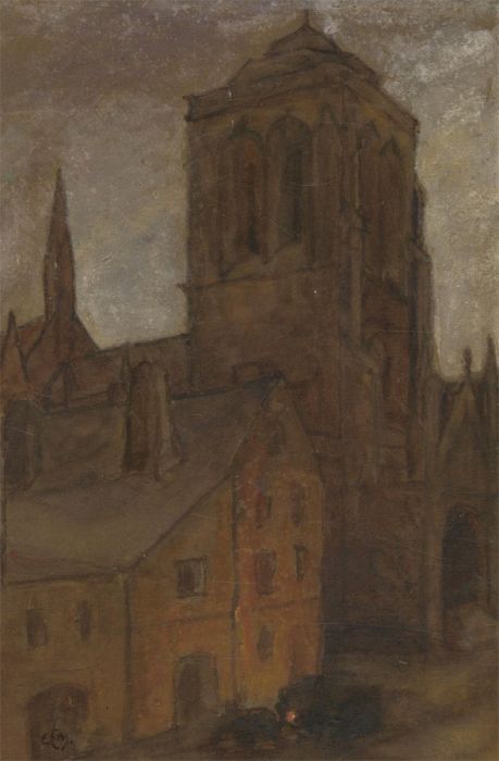 Early 20th Century Gouache - City View with Church