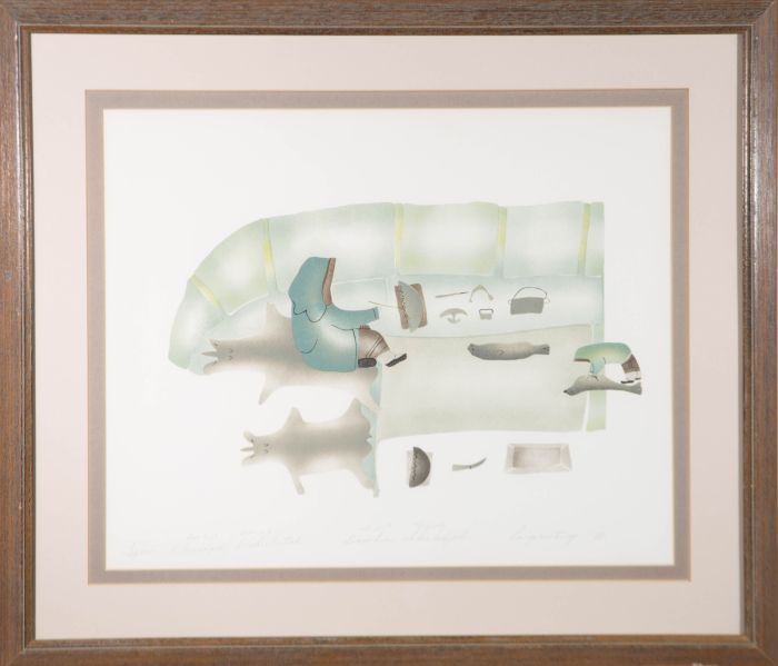 Enookie Akulukjuk (1943–2006 ) - Signed & Framed 1984 Silkscreen, Cooking Inuit