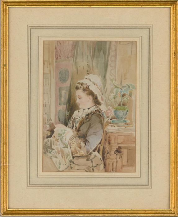 Victorian Late 19th Century Watercolour - Woman Sewing
