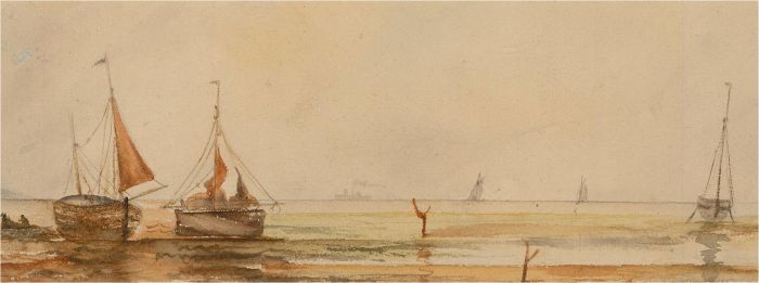 S.W. - Early 20th Century Watercolour, Boats at Low Tide
