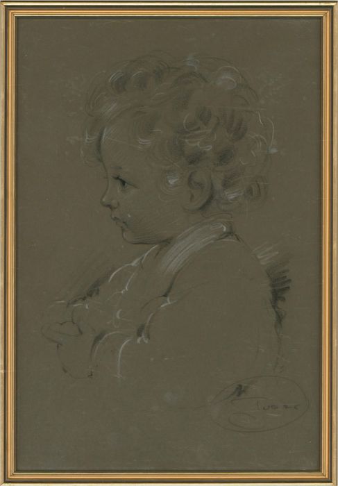 Framed Early 20th Century Charcoal Drawing - Portrait of a Young Child