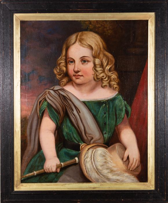 Framed Mid 19th Century Oil - The Child in the Green Dress