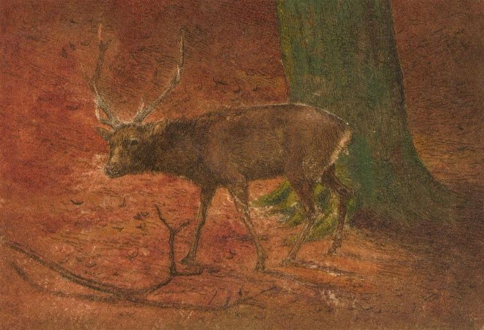 20th Century Etching - Deer in the Woods II