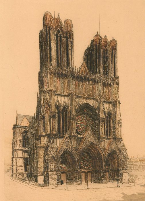 E.H. Barlow (fl.1915-1926) - Early 20th Century Etching, Reims Cathedral