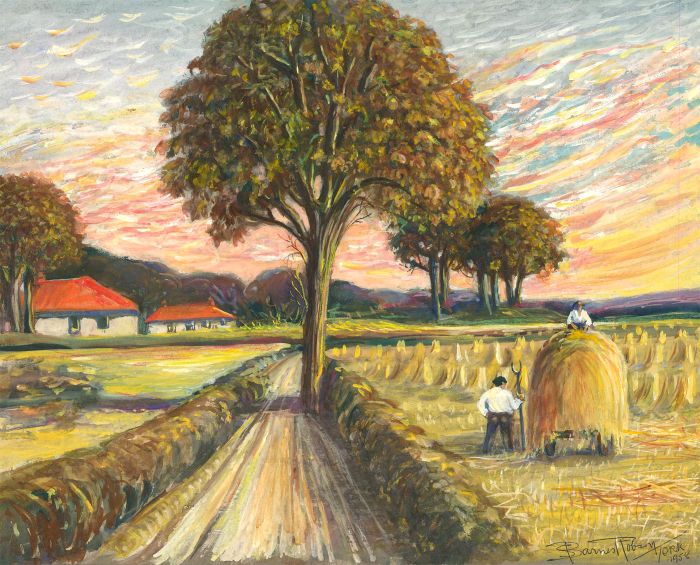 S. Barnes Robson (1900-1973) - 1958 Gouache, Sunset Farm Scene