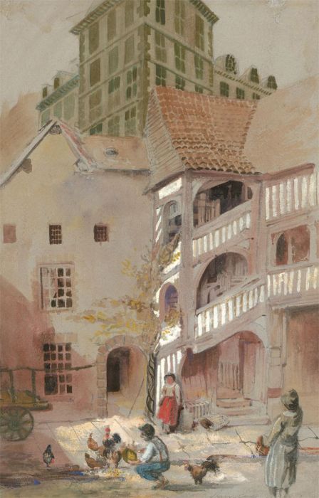 19th Century Watercolour - Feeding the Chickens