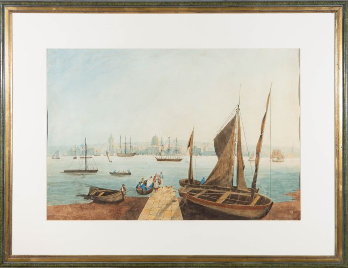 Framed Early 19th Century Watercolour - Cityscape, The Disembark