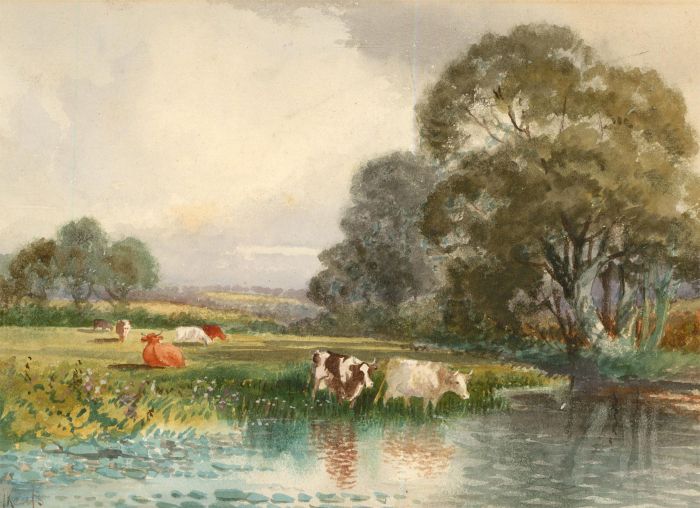 C.J. Keats RBA - Late 19th Century Watercolour, Cows Beside the River