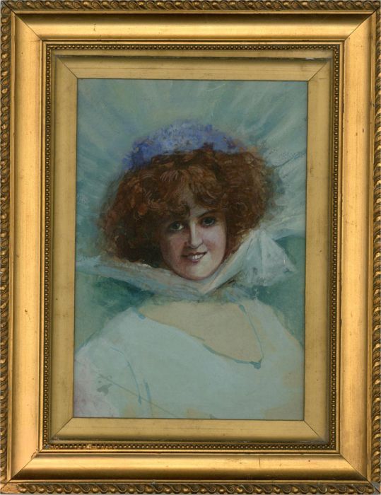 Early 20th Century Watercolour - Lady with Blue Headpiece