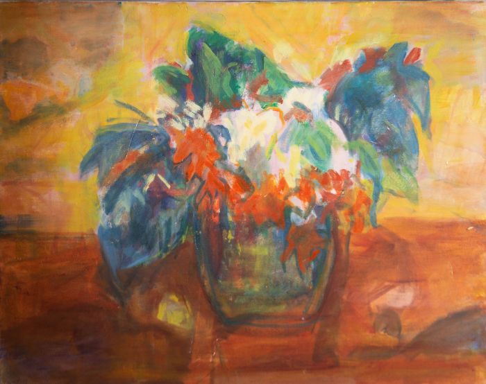 Susan Paine - 20th Century Oil, Blue Flowers on Red