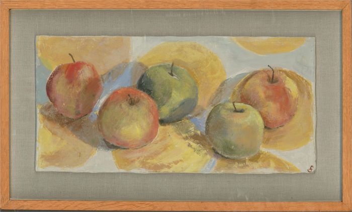Francesca Shakespeare - Signed Contemporary Gouache, Apples on Yellow Circles