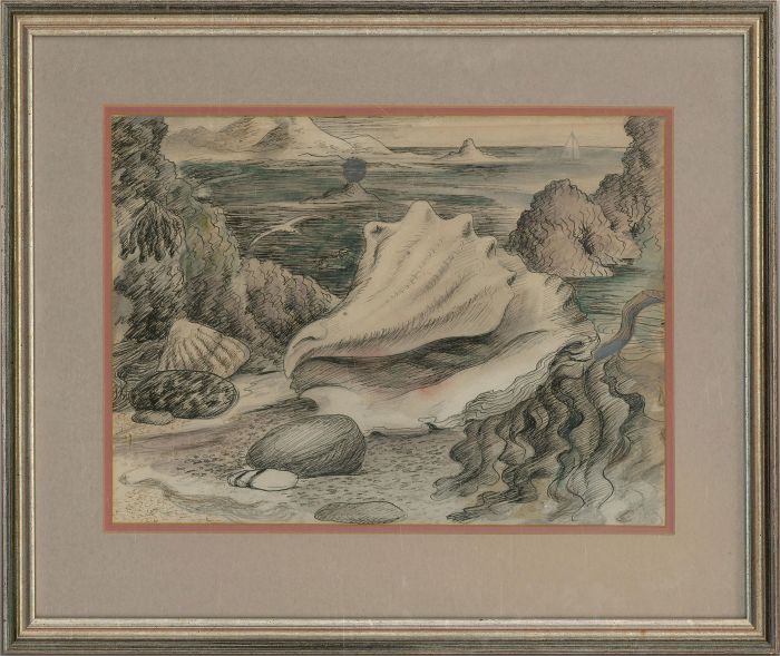 H. S - Mid 20th Century Mixed Media, Seashells On The Sea Shore