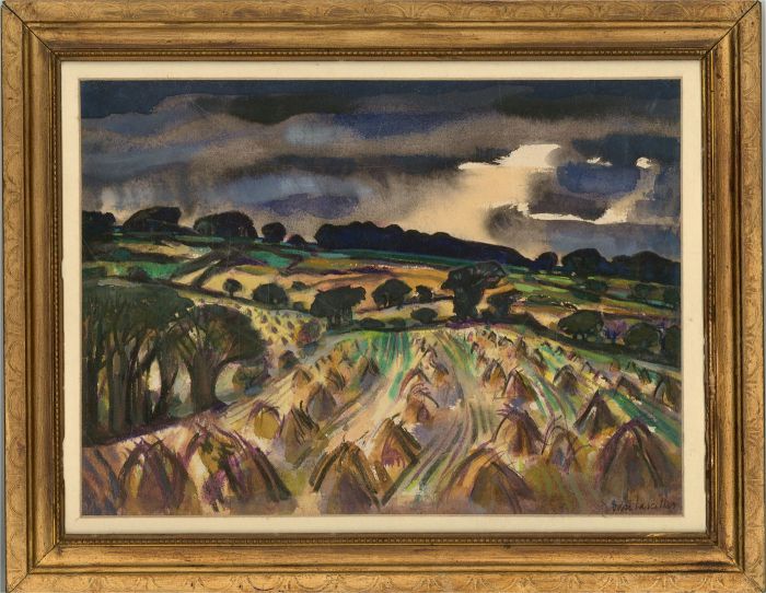 Susan Lascelles - Signed & Framed Mid 20th Century Watercolour, Stooks at Night