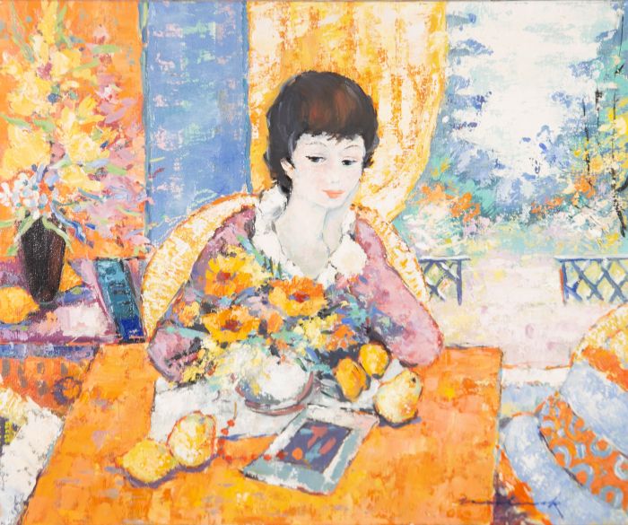 Impressionist 20th Century Oil - Lady with Fruit & Flowers