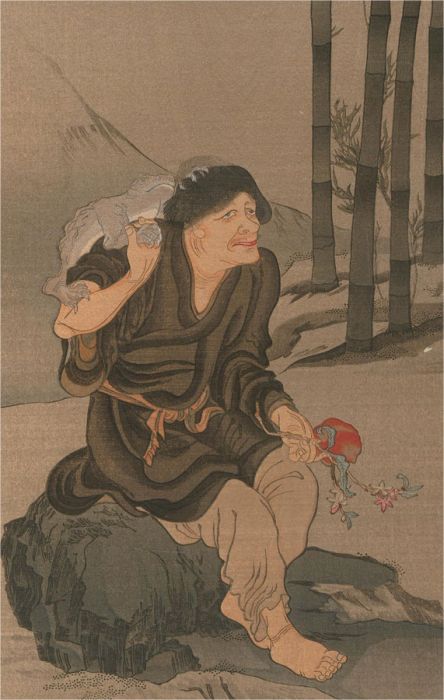 Ganki - Early 20th Century Japanese Woodblock, The Hermit And The Bullfrog