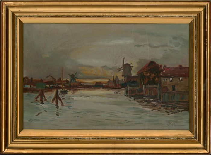 1918 Oil - Windmills At Sunrise