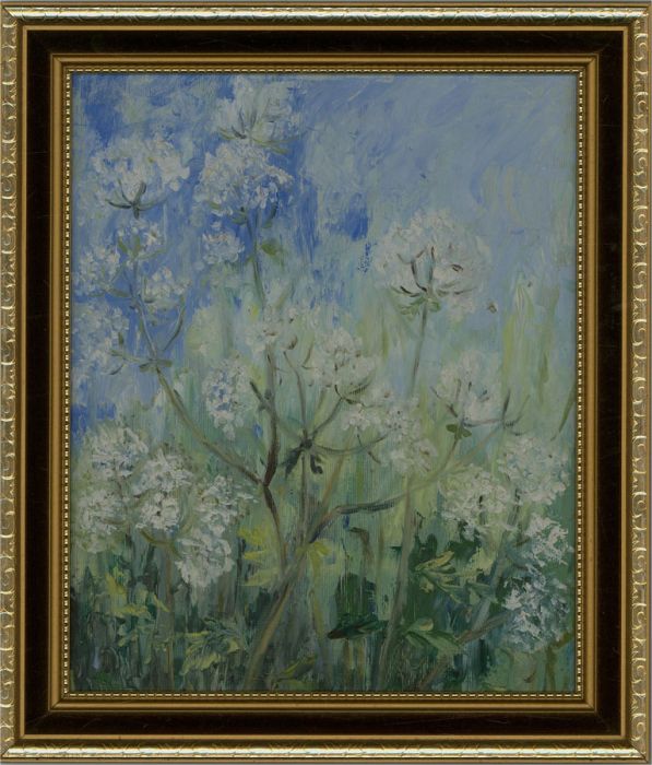 20th Century Oil - Blue sky and White Flowers