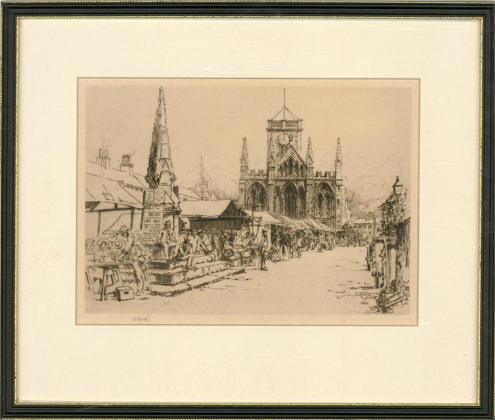 William Monk RE (1863-1937) - Late 19th Century Etching, Selby Abbey Market