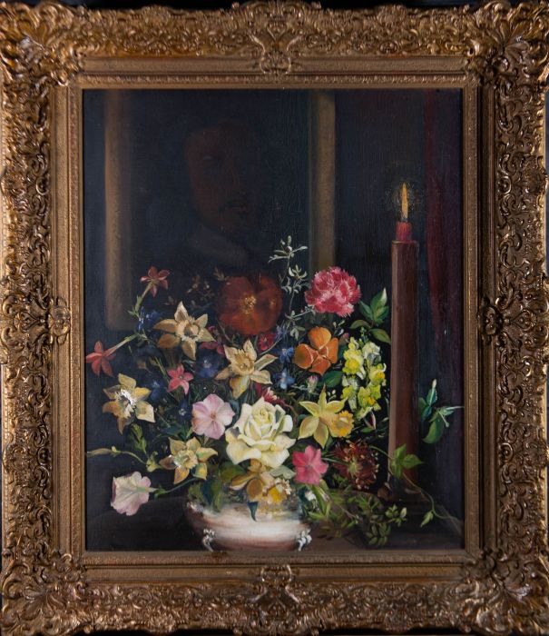 Mid 20th Century Oil - Flowers And Shadowy Portrait