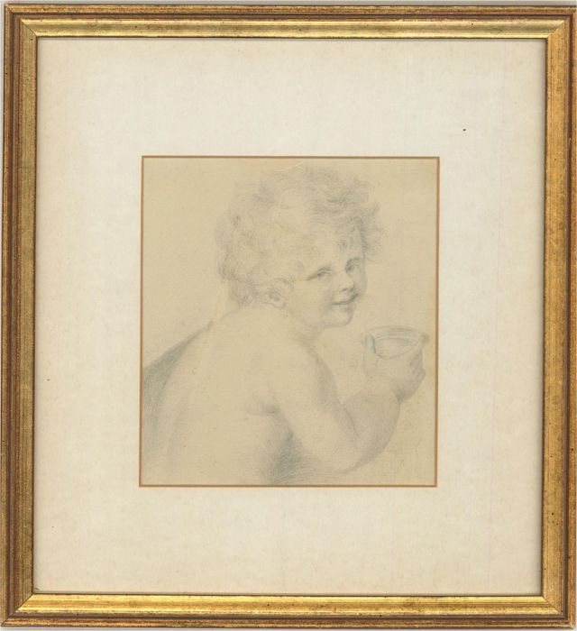 19th Century Graphite Drawing - Cherubic Child