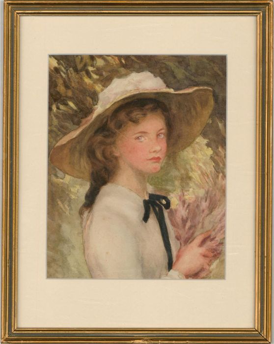 Early 20th Century Watercolour - Pretty Girl With Straw Hat
