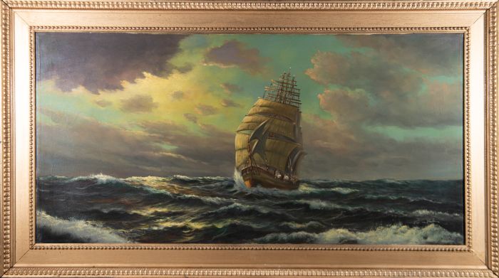Early 20th Century Oil - Choppy Seas At Sundown