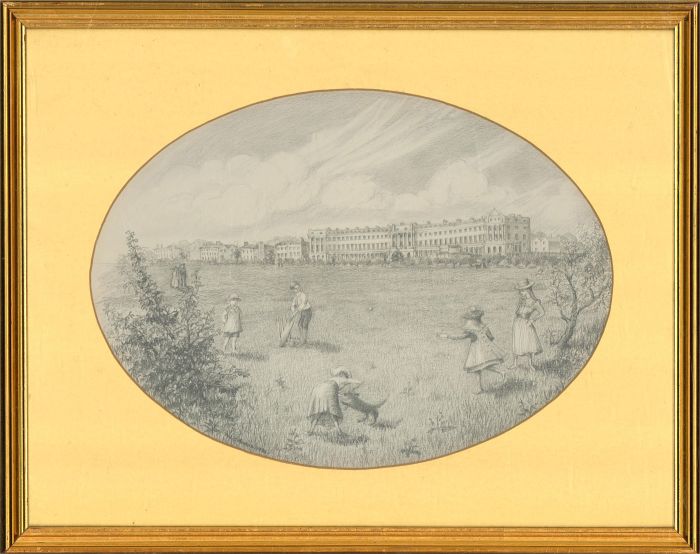 W. Osborne - 1981 Graphite Drawing, Cricket on the Crescent, Alverstoke