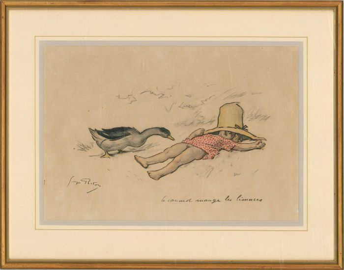 Georges Redon (1869-1943) - 20th Century Lithograph, Le canard mange les Limaces