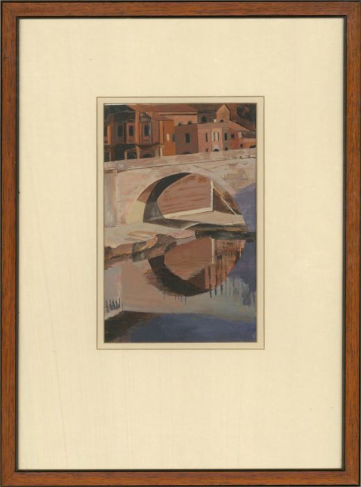 20th Century Gouache - Scene with Arch Bridge