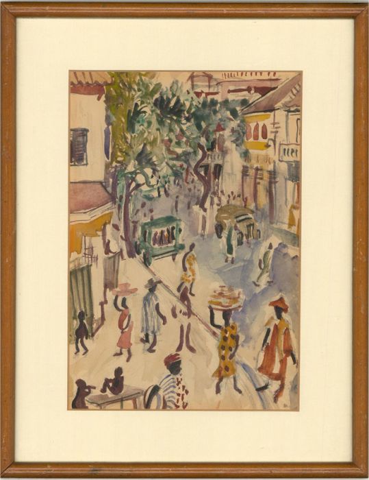 20th Century Watercolour - Lively Street Scene