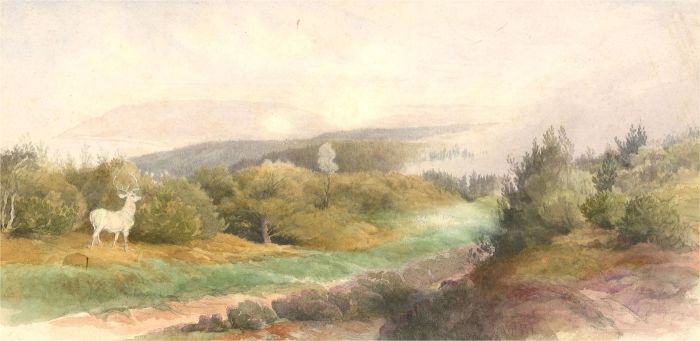20th Century Watercolour - Mountain View with Stag