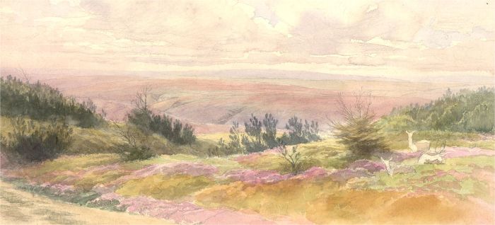 20th Century Watercolour - Hilltop View with Deer