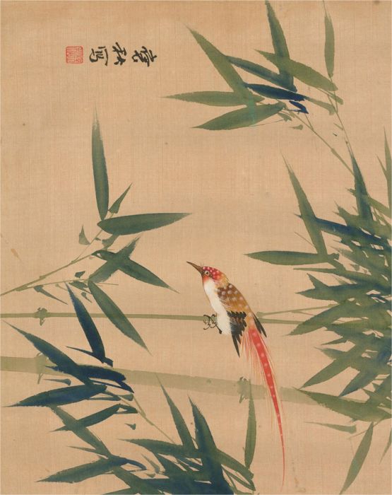 Mid 20th Century Gouache - Bird In The Bamboo