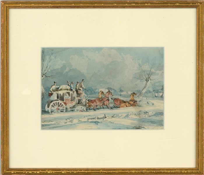 Follower of Henry Thomas Alken (1785-1851) - Watercolour, Coach in Heavy Snow