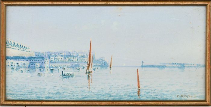 Framed Early 20th Century Watercolour - Harbour in Blue