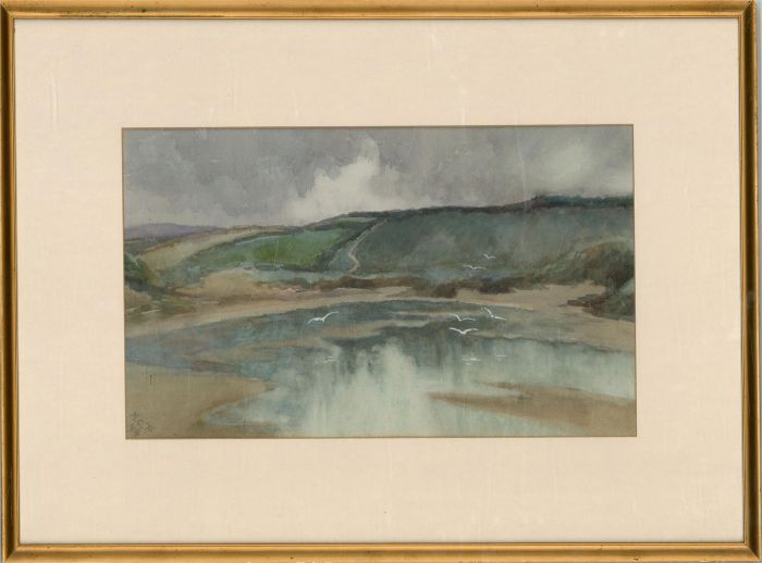 M.C.P. - 1914 Watercolour, Estuary Landscape with Seagulls