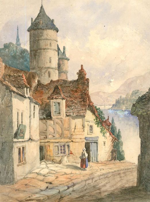Late 19th Century Watercolour - Continental Lakeside Town
