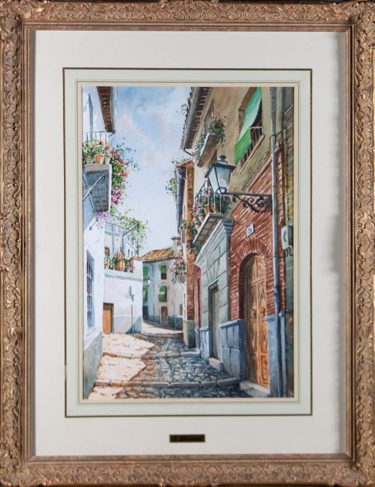 J. Carmona - 20th Century Watercolour, Cobbled Street View