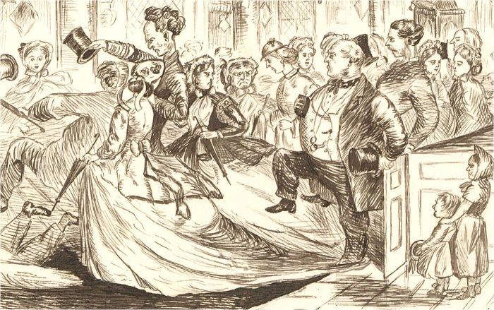 1866 Pen and Ink Drawing - Long Skirts at Church