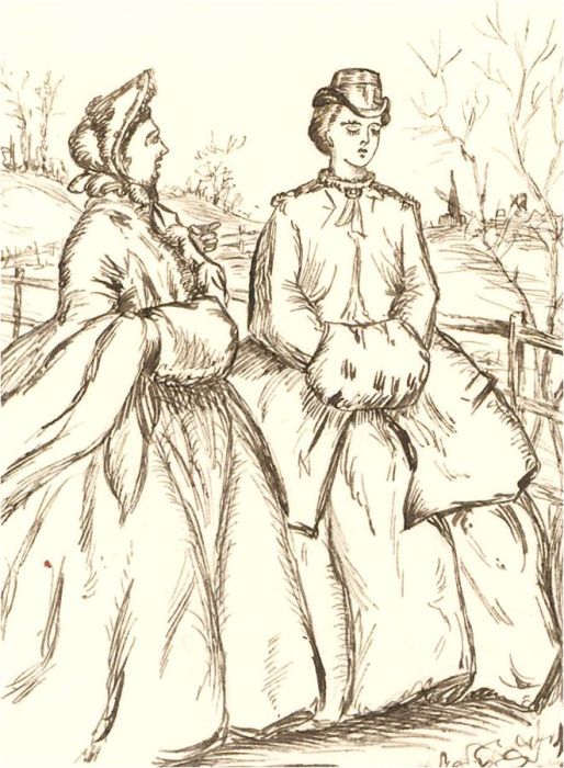 1866 Pen and Ink Drawing - A Hint to Young Ladies