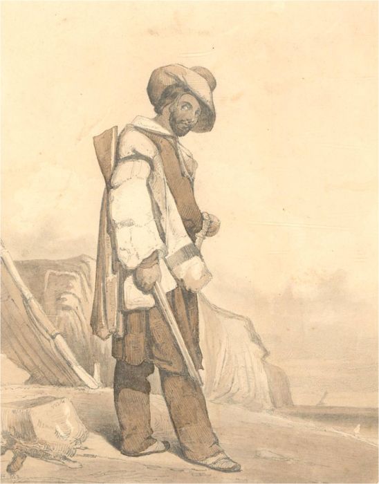 M.Z - 1844 Watercolour, Portrait of a Man with Rifle