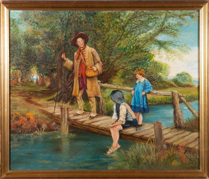 M. Phillip - Framed 20th Century Oil, Fishing on the Riverbank